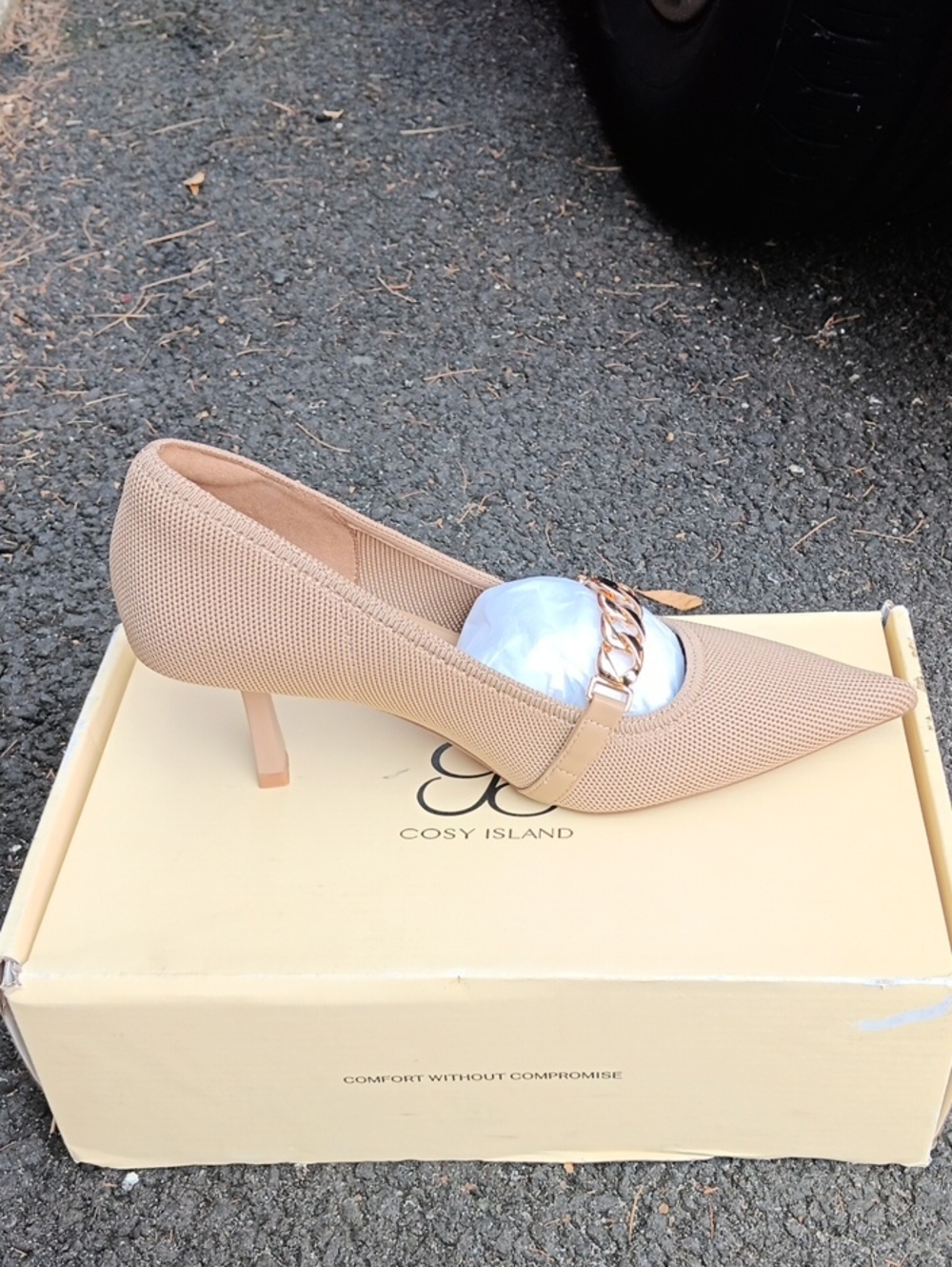 Beige Pointed Kitten Heel with Chain Strap